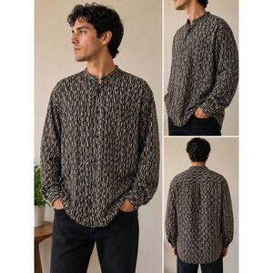CEZAR 100% Silk Button-Up – Men's L – Black & Cream Geometric Pattern Vintage